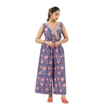 Blue zaal printed sleeveless jumpsuit with cinched elastic waist 5