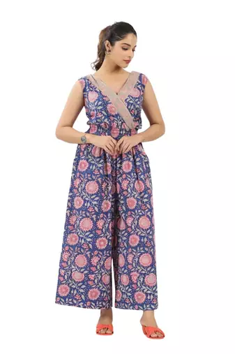 Blue zaal printed sleeveless jumpsuit with cinched elastic waist