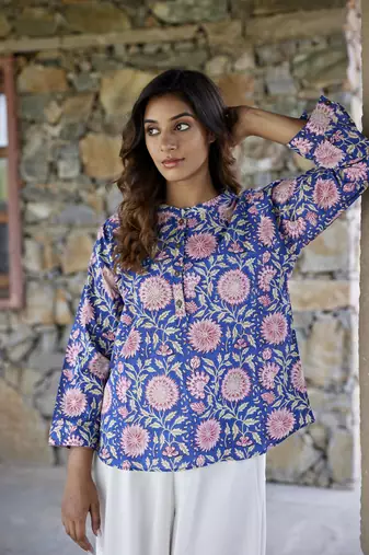 Floral printed button in front pure cotton full sleeves waist length top