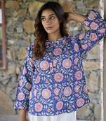 Floral printed button in front pure cotton full sleeves waist length top