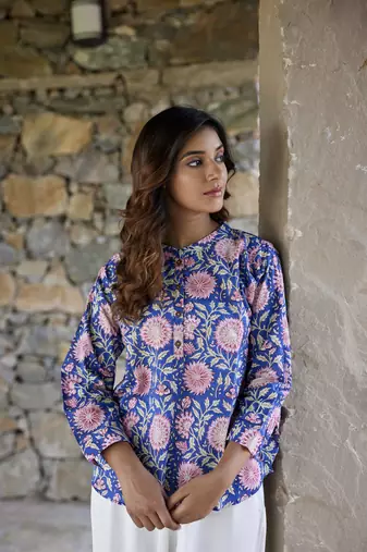 Floral printed button in front pure cotton full sleeves waist length top