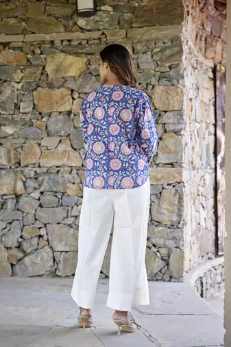 Floral printed button in front pure cotton full sleeves waist length top