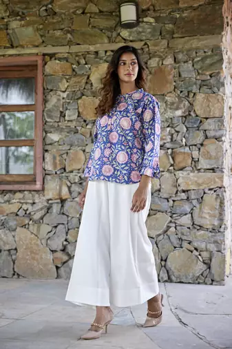 Floral printed button in front pure cotton full sleeves waist length top