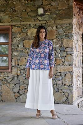 Floral printed button in front pure cotton full sleeves waist length top 5