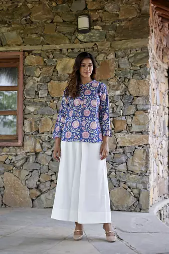 Floral printed button in front pure cotton full sleeves waist length top