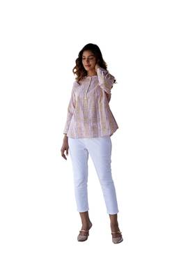 Floral printed button in front pure cotton full sleeves waist length top 1