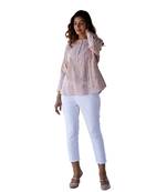 Floral printed button in front pure cotton full sleeves waist length top