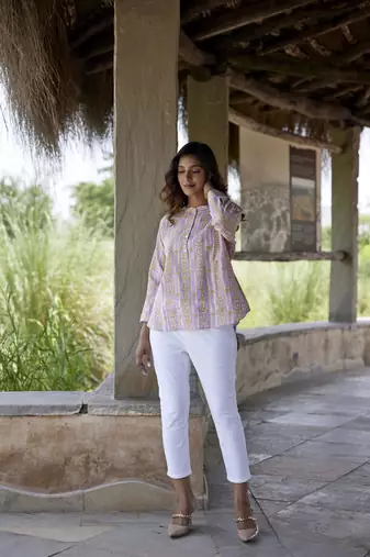 Floral printed button in front pure cotton full sleeves waist length top