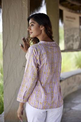 Floral printed button in front pure cotton full sleeves waist length top 3