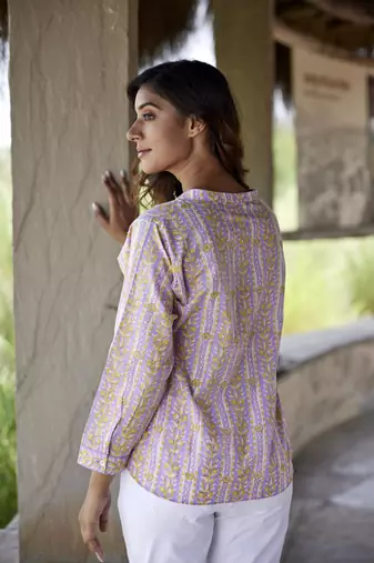 Floral printed button in front pure cotton full sleeves waist length top