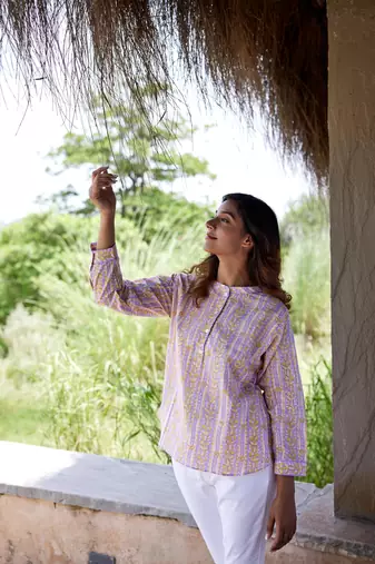Floral printed button in front pure cotton full sleeves waist length top