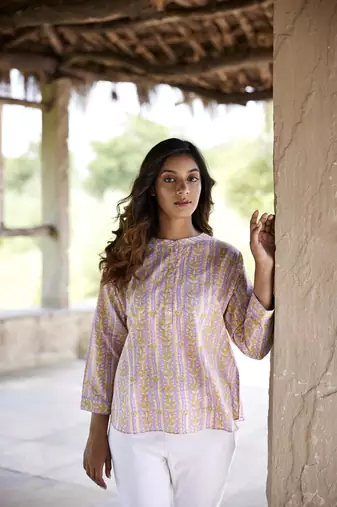 Floral printed button in front pure cotton full sleeves waist length top