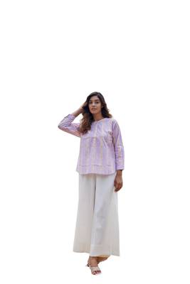 Floral printed button in front pure cotton full sleeves waist length top 1