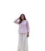 Floral printed button in front pure cotton full sleeves waist length top