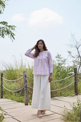 Floral printed button in front pure cotton full sleeves waist length top 2