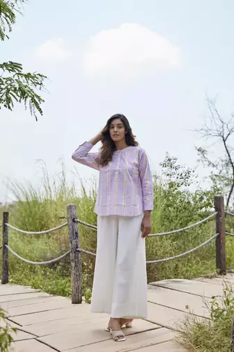 Floral printed button in front pure cotton full sleeves waist length top