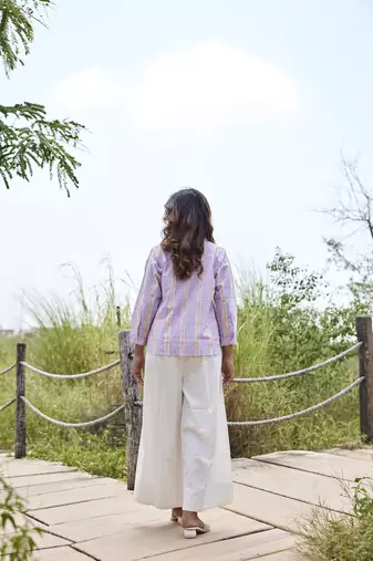 Floral printed button in front pure cotton full sleeves waist length top