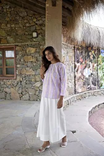 Floral printed button in front pure cotton full sleeves waist length top