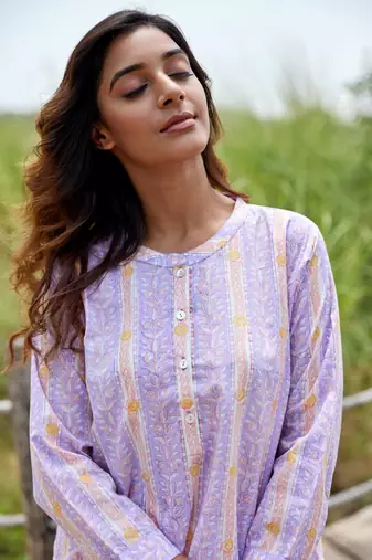 Floral printed button in front pure cotton full sleeves waist length top
