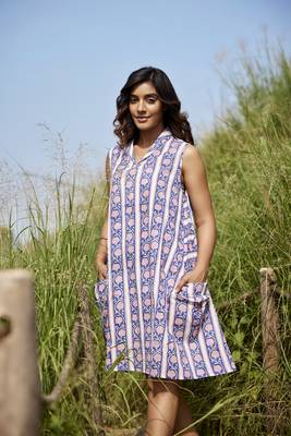 Blue a-line sleeveless printed cotton flared short dress 1
