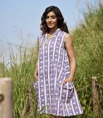 Blue a-line sleeveless printed cotton flared short dress