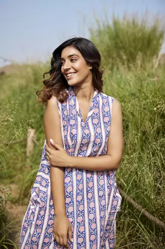 Blue a-line sleeveless printed cotton flared short dress