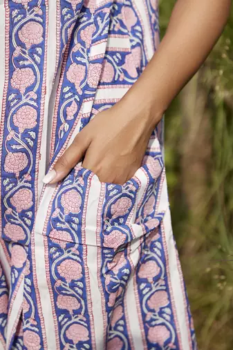 Blue a-line sleeveless printed cotton flared short dress