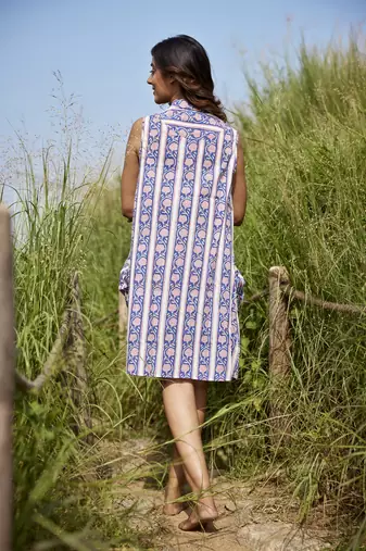 Blue a-line sleeveless printed cotton flared short dress
