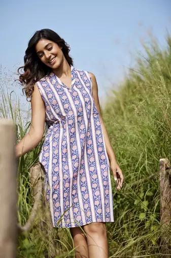 Blue a-line sleeveless printed cotton flared short dress