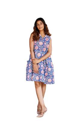 Blue a-line sleeveless printed cotton flared short dress 1