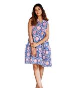 Blue a-line sleeveless printed cotton flared short dress