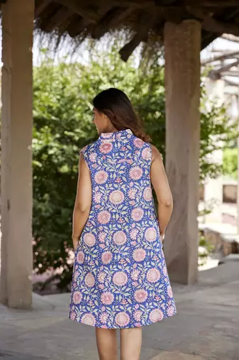 Blue a-line sleeveless printed cotton flared short dress