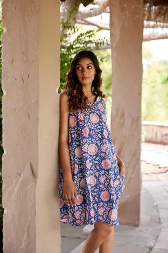 Blue a-line sleeveless printed cotton flared short dress