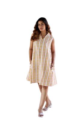 Yellow a-line sleeveless printed cotton flared short dress 1