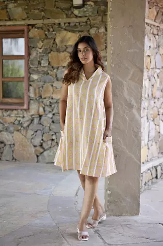 Yellow a-line sleeveless printed cotton flared short dress