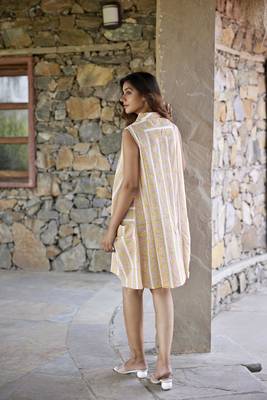 Yellow a-line sleeveless printed cotton flared short dress 3