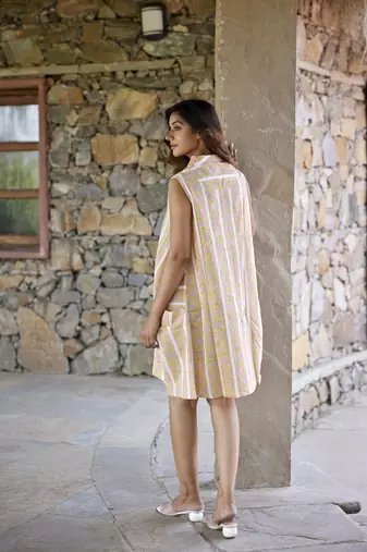 Yellow a-line sleeveless printed cotton flared short dress