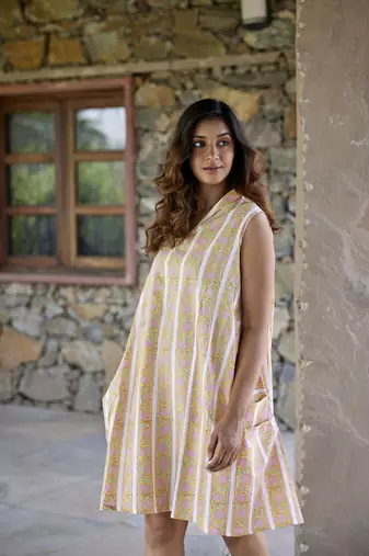 Yellow a-line sleeveless printed cotton flared short dress
