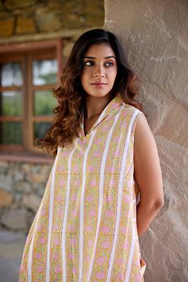 Yellow a-line sleeveless printed cotton flared short dress 5