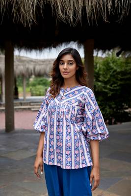 Geometric block print cuff sleeves cotton boho top 1