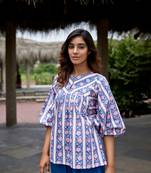 Geometric block print cuff sleeves cotton boho top
