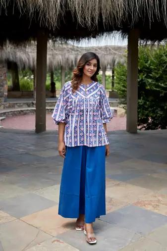 Geometric block print cuff sleeves cotton boho top
