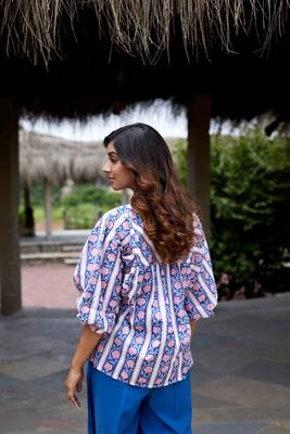 Geometric block print cuff sleeves cotton boho top 3