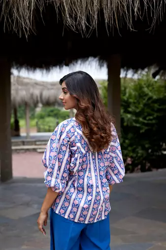 Geometric block print cuff sleeves cotton boho top