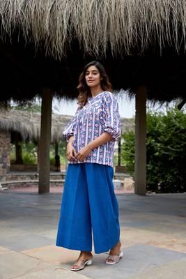 Geometric block print cuff sleeves cotton boho top 4