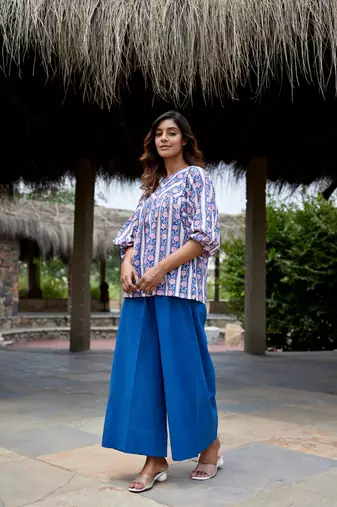 Geometric block print cuff sleeves cotton boho top