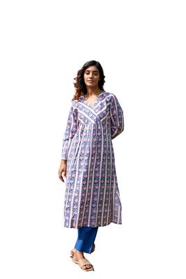 Blue side slits straight floral print pure cotton tunic kurta 1