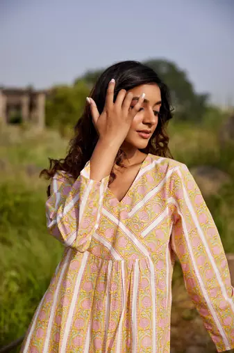 Yellow side slits straight floral print pure cotton tunic kurta
