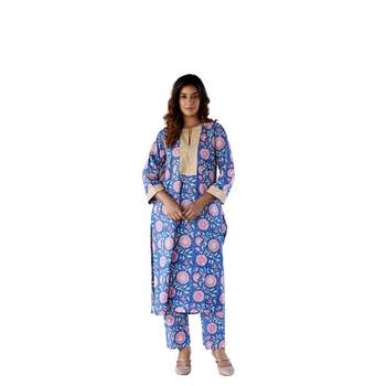 Blue side slits straight floral print pure cotton zaal kurta 1