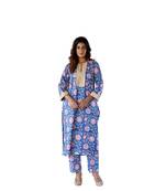 Blue side slits straight floral print pure cotton zaal kurta